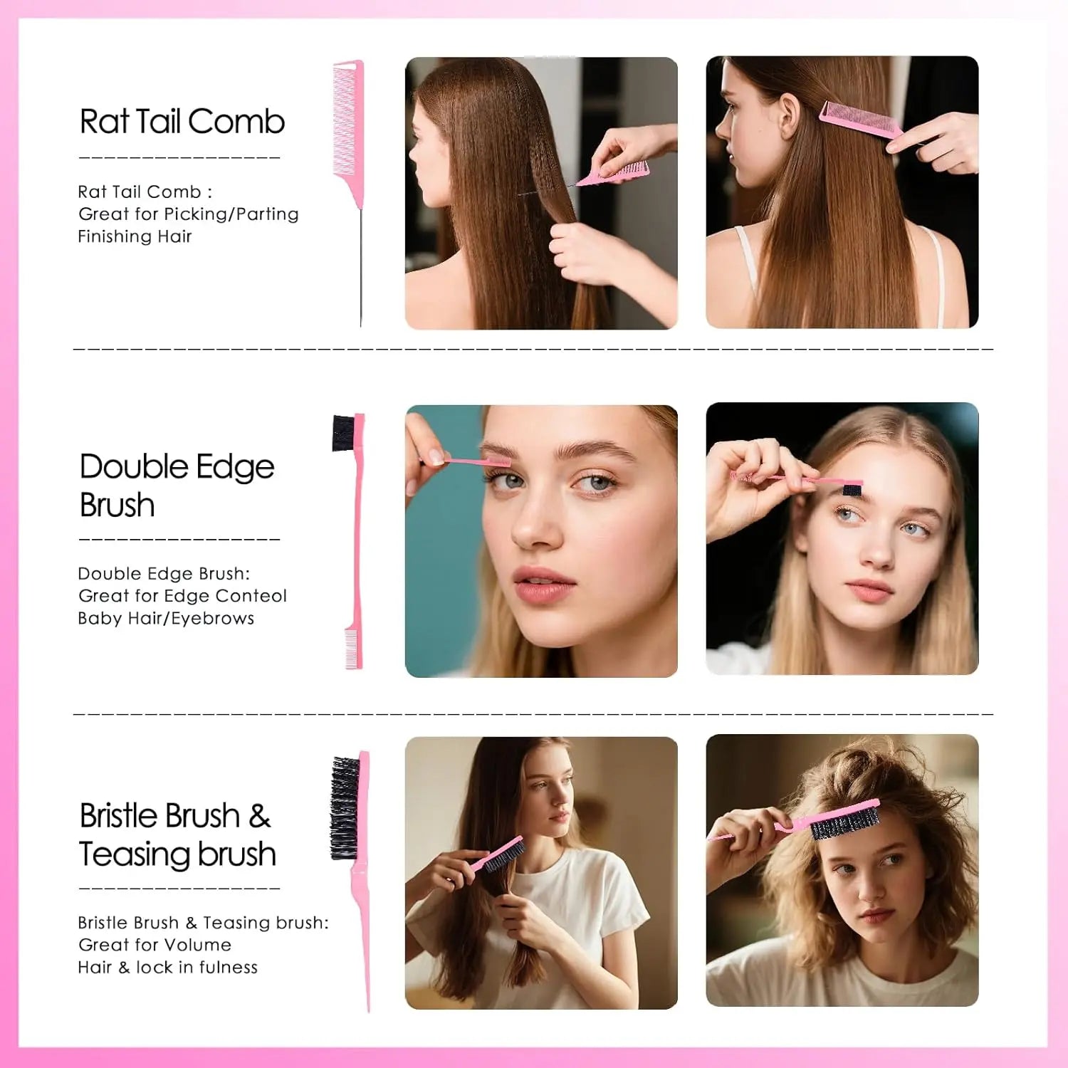 11 Pcs Hair Brush Set with Detangling Hair Brush and Spray Bottle – Smooth Hairbrush Set for Toddlers, Adults and Children, Wet and Dry Hair, Pink IFELSHOP