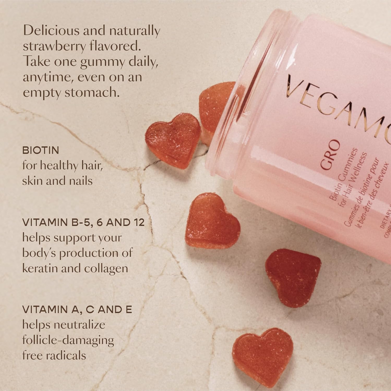VEGAMOUR GRO Biotin Gummies, Strawberry Flavor with 5000 mcg Biotin, Supports Healthy Hair Vegan Gummies with Vitamins A, B, C, E, B-12 & More, 30 Ct Ifelshop