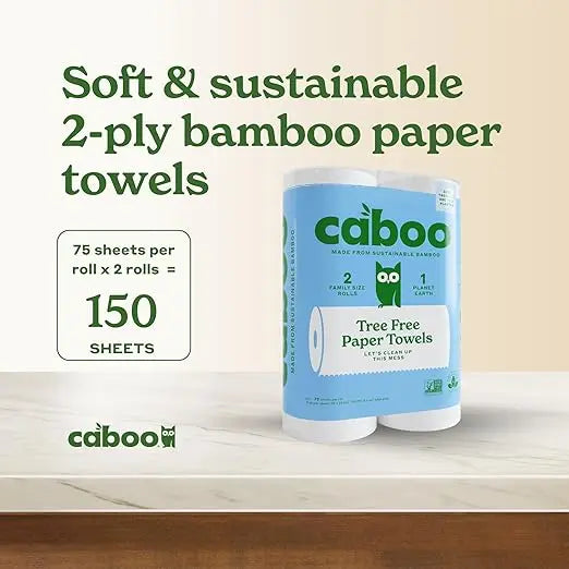 Caboo Tree Free Paper Towels, 2 Rolls, Tree Free, Plastic Free, Earth Friendly, Sustainable Kitchen Paper Towels with Strong 2 Ply Sheets Retailxpres