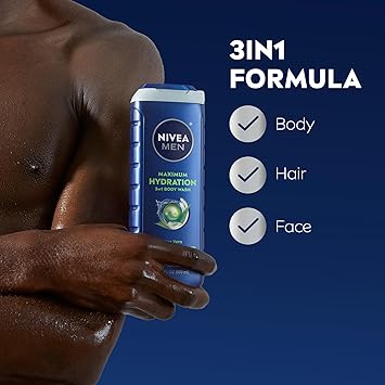 Nivea Men Maximum Hydration Body Wash for Dry Skin, Aloe Vera Enriched, 3-in-1 Moisturizing Body Wash, Face and Hair, Paraben Free, Vegan Formula, 16.9 Fl Oz Bottle, Pack of 3 Retailxpres