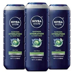 Nivea Men Maximum Hydration Body Wash for Dry Skin, Aloe Vera Enriched, 3-in-1 Moisturizing Body Wash, Face and Hair, Paraben Free, Vegan Formula, 16.9 Fl Oz Bottle, Pack of 3 Retailxpres