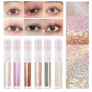 6Pcs Liquid Glitter Eyeshadow Eyeliner, Korean Makeup, Bling Under Eye Shadow, Shimmer Eye Make Up Valentine's Gift Set,Long Lasting,Quick Drying & Pigmented Loose Glitter Glue for Crystals Makeup Retailxpres