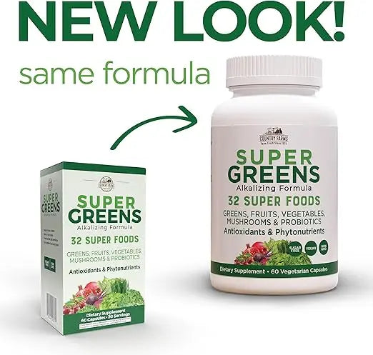COUNTRY FARMS Super Greens Vegicaps, 32 Super Foods, Whole Food Supplement, Greens, Fruit, Vegetables, Mushrooms & Probiotics, Rich in Antioxidants & Phytonutrients, 60 Count, 30 Servings Retailxpres