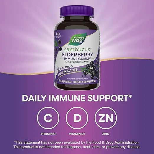 Nature’s Way Sambucus Elderberry Immune Support Gummies for Kids & Adults* with Black Elderberry Extract, Vitamin C, Vitamin D3, and Zinc, 60 Gummies (Packaging May Vary) Retailxpres