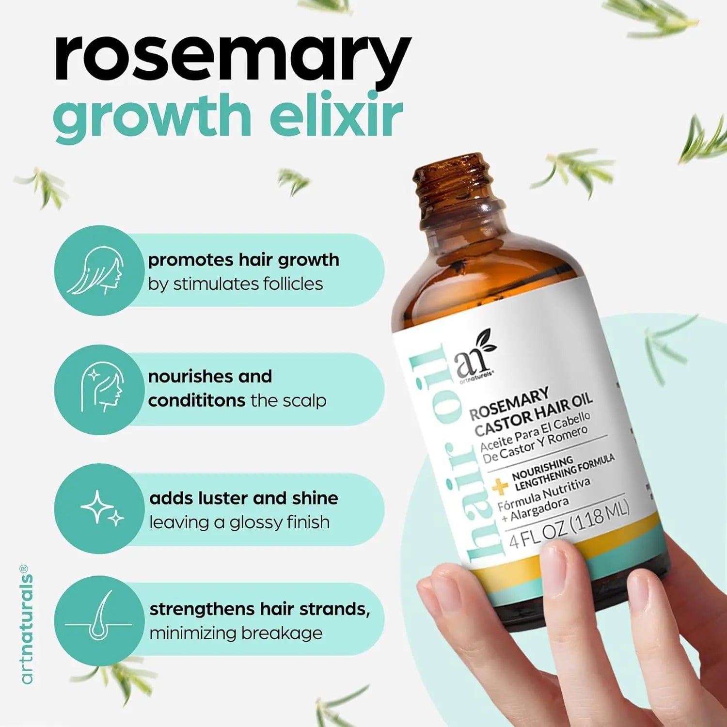 Artnaturals Organic Rosemary Castor Hair Oil + Massager Hair Growth Set Hair Growth Oil 4 ounces with Coconut & Olive Oil for Dry, Damaged & Split End IFELSHOP