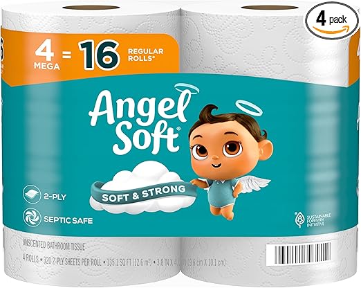 Angel Soft Toilet Paper, 4 Mega Rolls = 16 Regular Rolls, Soft and Strong Toilet Tissue Retailxpres