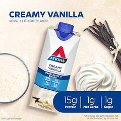 Atkins Creamy Vanilla High Protein Shake, 15g Protein, Low Glycemic, Low Carb and Low Sugar Shakes, Keto Friendly, 12 Vanilla Flavored Protein Shakes Retailxpres