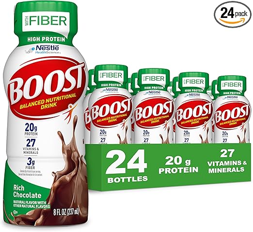 BOOST High Protein with Fiber Ready to Drink Complete Nutritional Drink, Rich Chocolate, 8 fl oz Bottle, 24 Pack Retailxpres