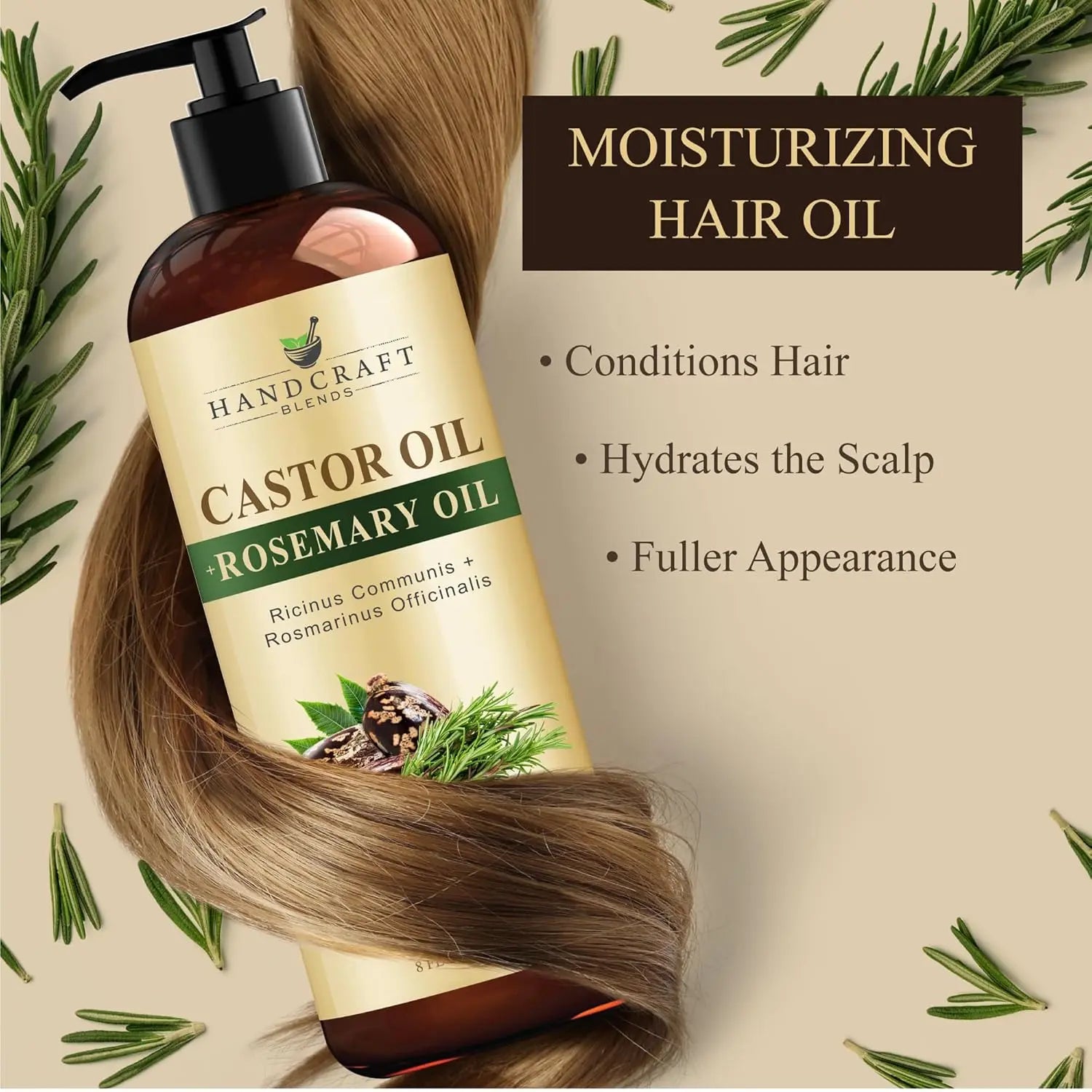 Handcraft Blends Castor Oil with Rosemary Oil 8 Fl Oz | 100% Pure and Natural | Premium Grade Carrier Oil | Hair, Eyelashes and Eyebrows | Hair and Body Ifelshop