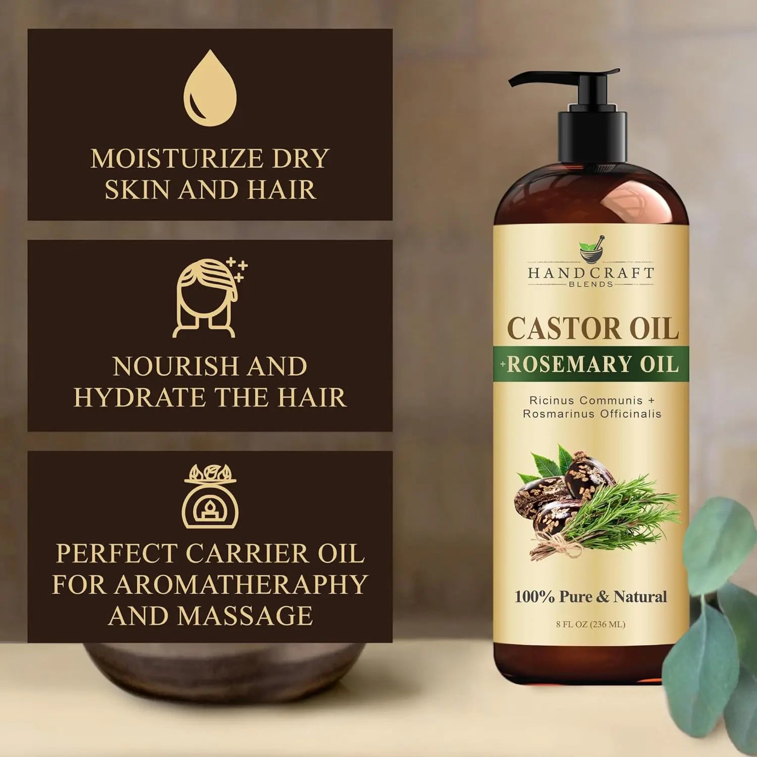 Handcraft Blends Castor Oil with Rosemary Oil 8 Fl Oz | 100% Pure and Natural | Premium Grade Carrier Oil | Hair, Eyelashes and Eyebrows | Hair and Body Ifelshop