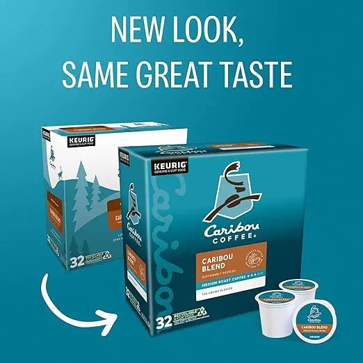 Two boxes of Caribou Coffee Keurig K-cups on a blue background with text 'New Look, Same Great Taste'.