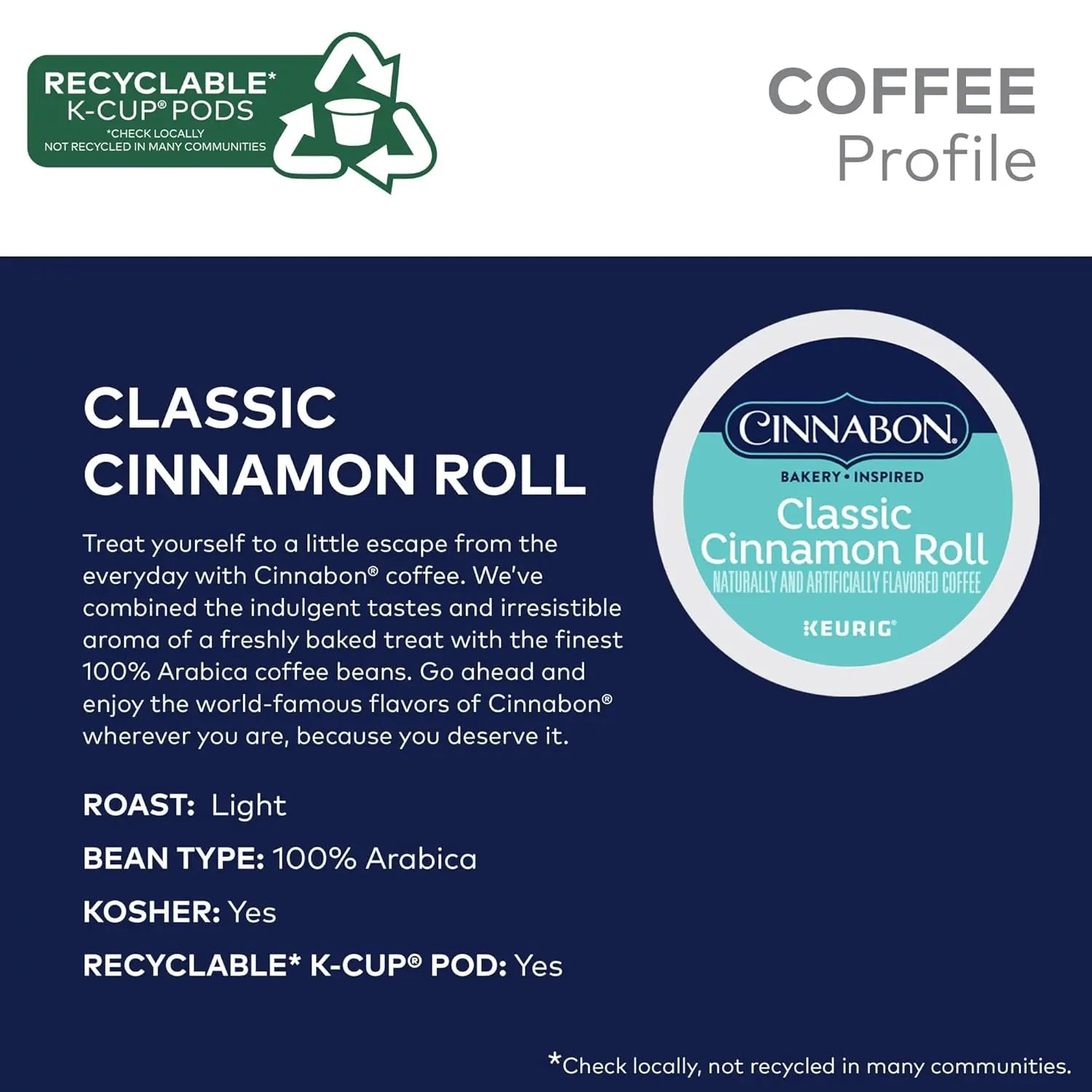 Cinnabon Classic Cinnamon Roll coffee pod with product details on a blue background