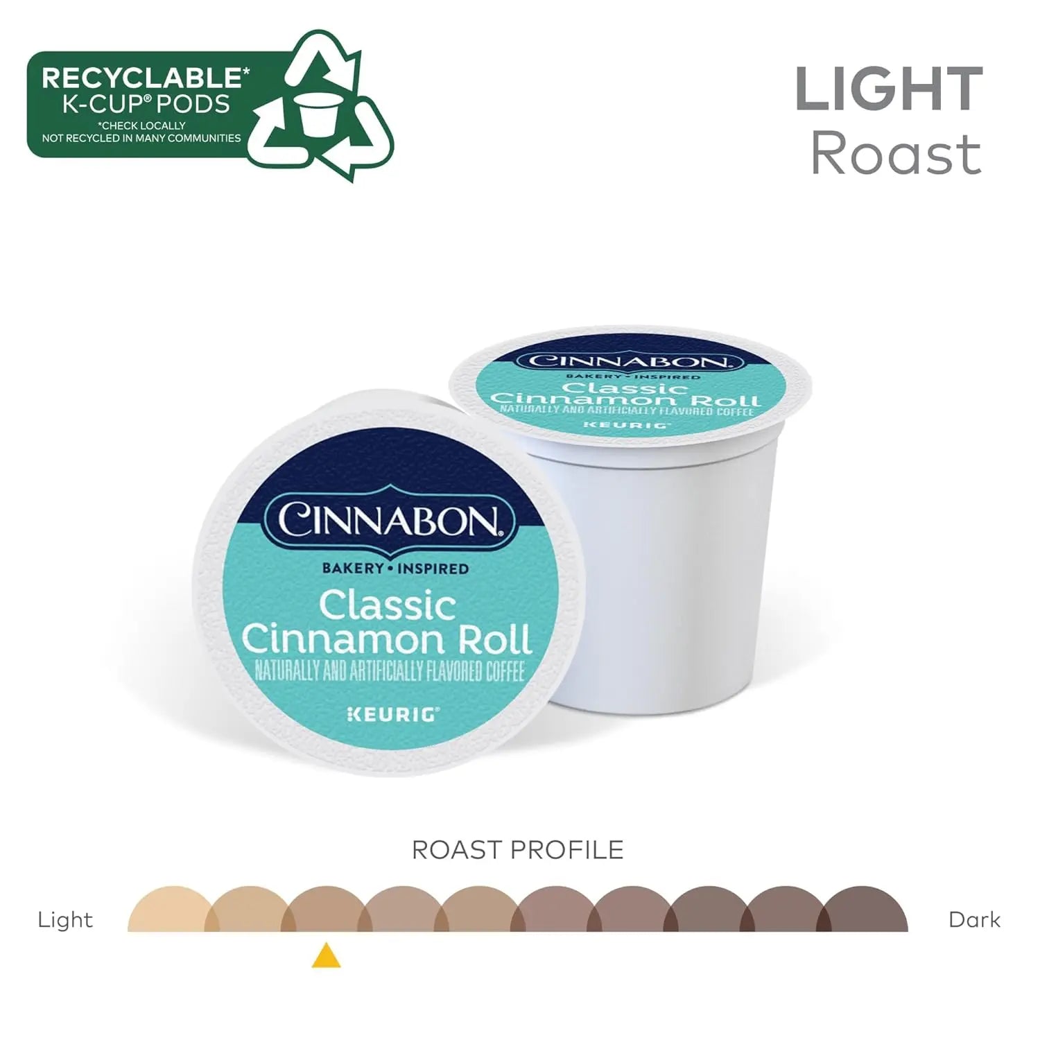 Cinnabon Classic Cinnamon Roll K-Cup pods with roast profile indicator on a white background