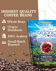 Bag of organic coffee with details on quality and origin, surrounded by coffee beans.