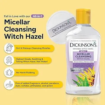 Dickinson's Micellar Cleansing Witch Hazel, An All-in-1 Makeup Remover, Pore Refiner, Skin Cleanser and Toner; Alcohol Free with Aloe, for Sensitive Skin, 16oz Retailxpres