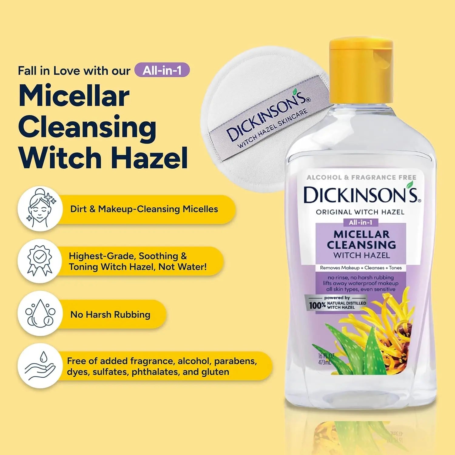 Dickinson's Micellar Cleansing Witch Hazel, An All-in-1 Makeup Remover, Pore Refiner, Skin Cleanser and Toner; Alcohol Free with Aloe, for Sensitive Skin, 16oz Retailxpres