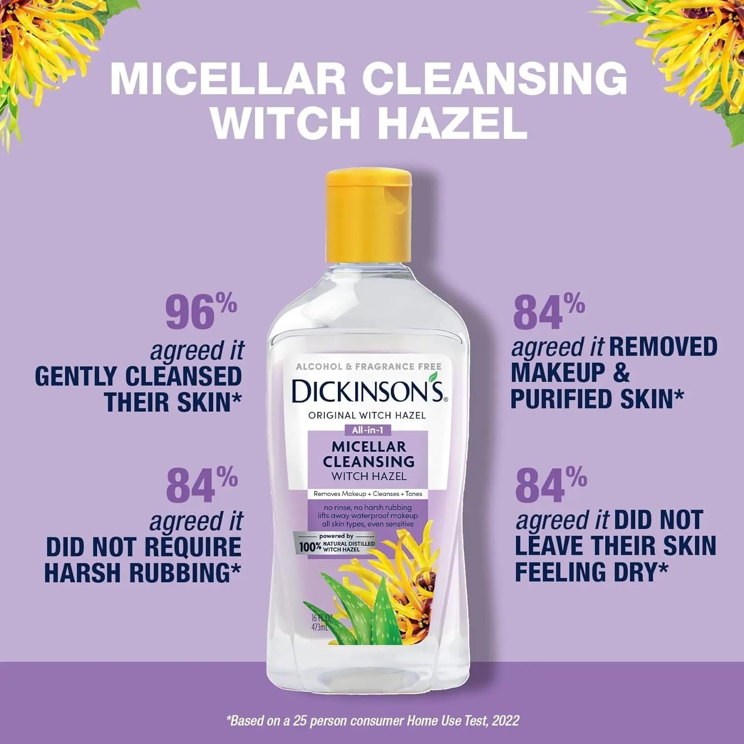 Dickinson's Micellar Cleansing Witch Hazel, An All-in-1 Makeup Remover, Pore Refiner, Skin Cleanser and Toner; Alcohol Free with Aloe, for Sensitive Skin, 16oz Retailxpres