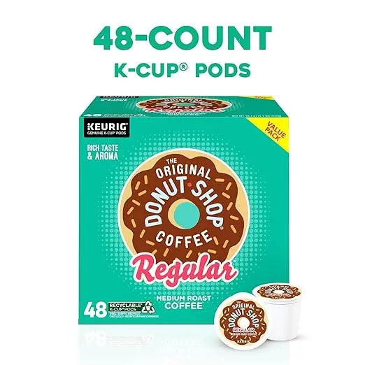 Box of Donut Shop Coffee K-Cup pods with a teal background