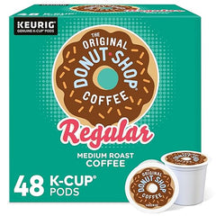 Box of The Original Donut Shop Coffee K-Cup pods with teal background
