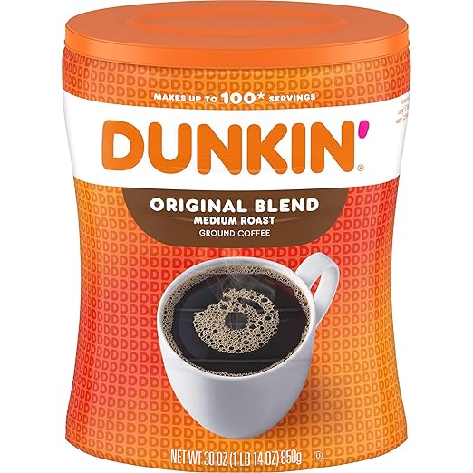 Dunkin' coffee container with a cup of coffee on the label