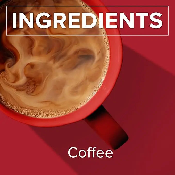 Red mug of coffee with 'INGREDIENTS' and 'Coffee' text on a red background
