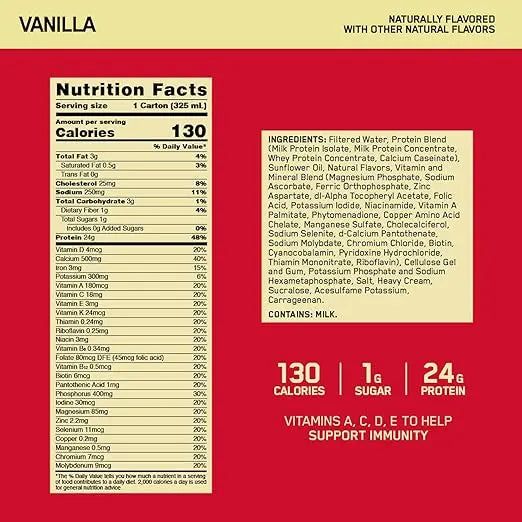 Optimum Nutrition Gold Standard Protein Shake, 24g Protein, Ready to Drink Protein Shake, Gluten Free, Vitamin C for Immune Support, Vanilla, 11 Fl Oz, 12 Count (Pack of 1) (Packaging May Vary) Retailxpres