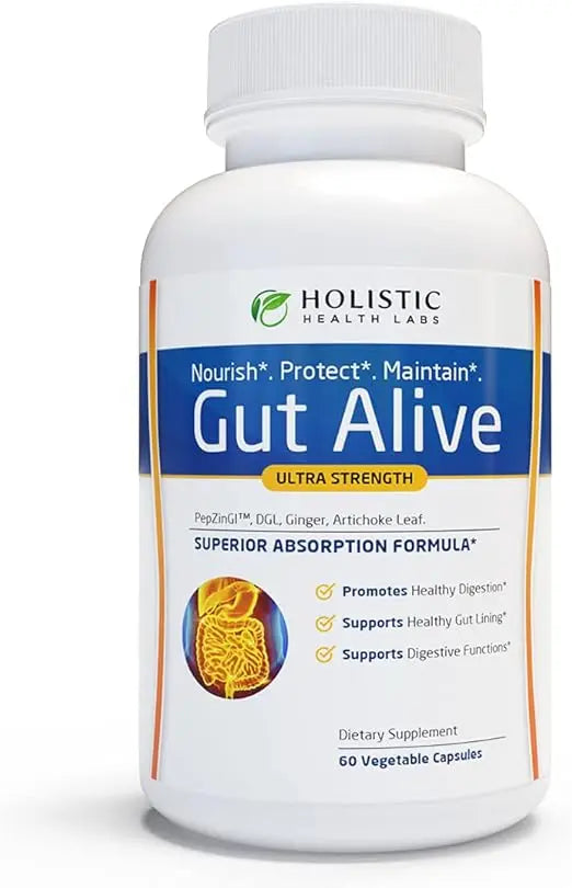 Gut Alive - All Natural Support to Fight IBS, Heartburn, Acid Indigestion, Acid Reflux, Bloating & Gas. Unique Formulation (60 Count (Pack of 1)) Retailxpres