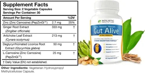 Gut Alive - All Natural Support to Fight IBS, Heartburn, Acid Indigestion, Acid Reflux, Bloating & Gas. Unique Formulation (60 Count (Pack of 1)) Retailxpres