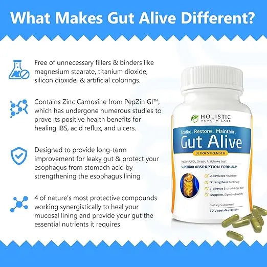 Gut Alive - All Natural Support to Fight IBS, Heartburn, Acid Indigestion, Acid Reflux, Bloating & Gas. Unique Formulation (60 Count (Pack of 1)) Retailxpres