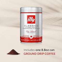 Illy coffee can with ground coffee on a beige background