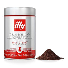 Illy coffee can with ground coffee on a white background