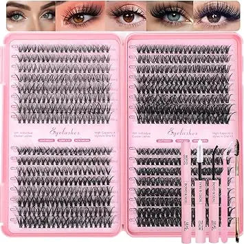 Lash Clusters Kit, 640 Pcs Eyelashes Clusters Extensions Kit 9-16mm Individual Lashes D Curl Fluffy Wispy False Eyelashes Thin Band, with Bond Seal Tweezers Brush DIY (30D+40D+50D+60D Kit 9-16mm) Retailxpres