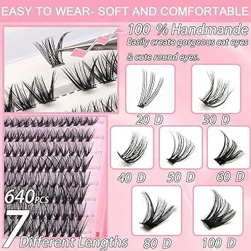 Lash Clusters Kit, 640 Pcs Eyelashes Clusters Extensions Kit 9-16mm Individual Lashes D Curl Fluffy Wispy False Eyelashes Thin Band, with Bond Seal Tweezers Brush DIY (30D+40D+50D+60D Kit 9-16mm) Retailxpres