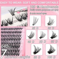 Lash Clusters Kit, 640 Pcs Eyelashes Clusters Extensions Kit 9-16mm Individual Lashes D Curl Fluffy Wispy False Eyelashes Thin Band, with Bond Seal Tweezers Brush DIY (30D+40D+50D+60D Kit 9-16mm) Retailxpres
