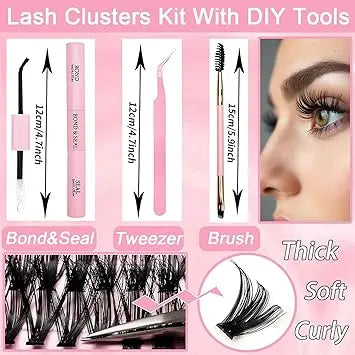 Lash Clusters Kit, 640 Pcs Eyelashes Clusters Extensions Kit 9-16mm Individual Lashes D Curl Fluffy Wispy False Eyelashes Thin Band, with Bond Seal Tweezers Brush DIY (30D+40D+50D+60D Kit 9-16mm) Retailxpres