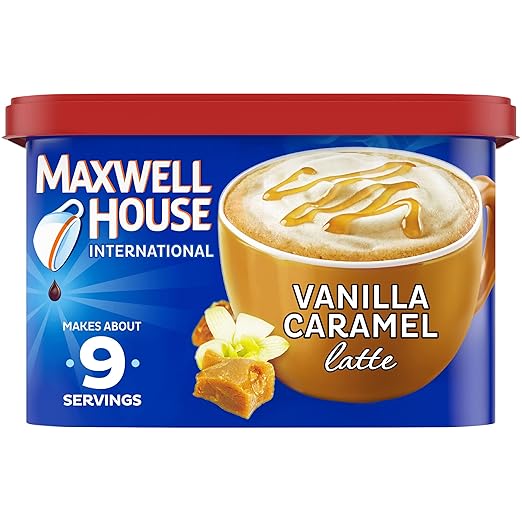 Maxwell House Vanilla Caramel Latte instant coffee packaging on a white background