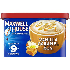 Maxwell House Vanilla Caramel Latte instant coffee packaging on a white background