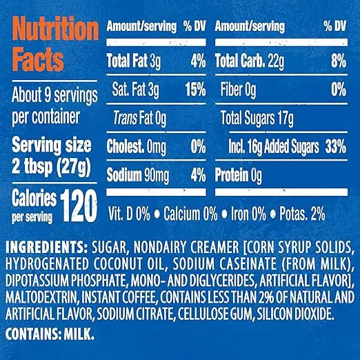 Nutrition facts label with blue background and white text