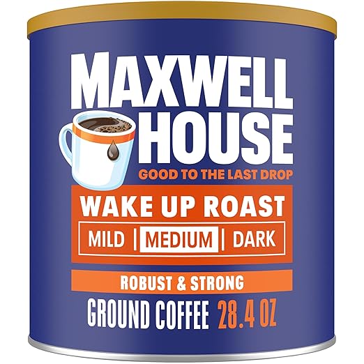 Maxwell House coffee can with blue and orange design on a white background