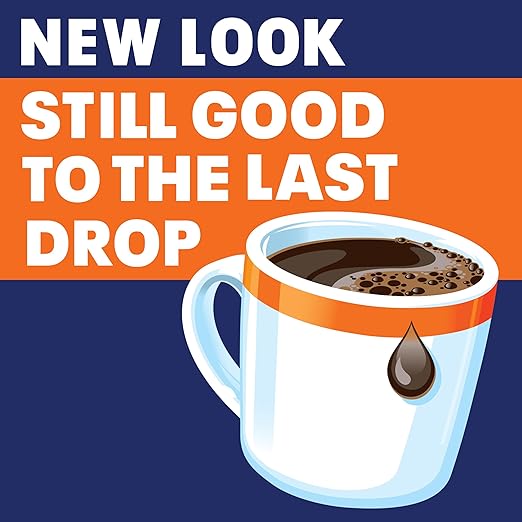 Mug of coffee with text 'NEW LOOK STILL GOOD TO THE LAST DROP' on an orange and blue background