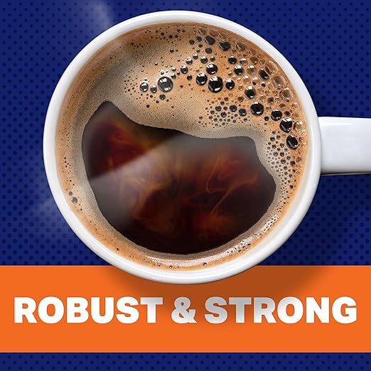 White mug filled with steaming coffee on a blue background with 'Robust & Strong' text.