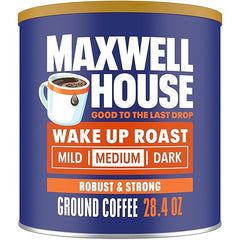 Maxwell House coffee can with blue and orange design on a white background