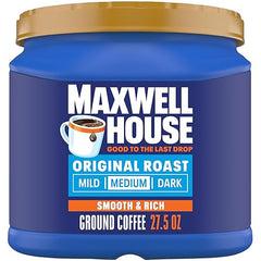Blue container of Maxwell House ground coffee with gold lid on a white background