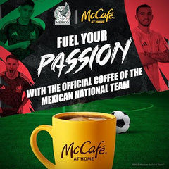 McCafe At Home advertisement with a yellow mug, soccer ball, and Mexican national team players on a green field.