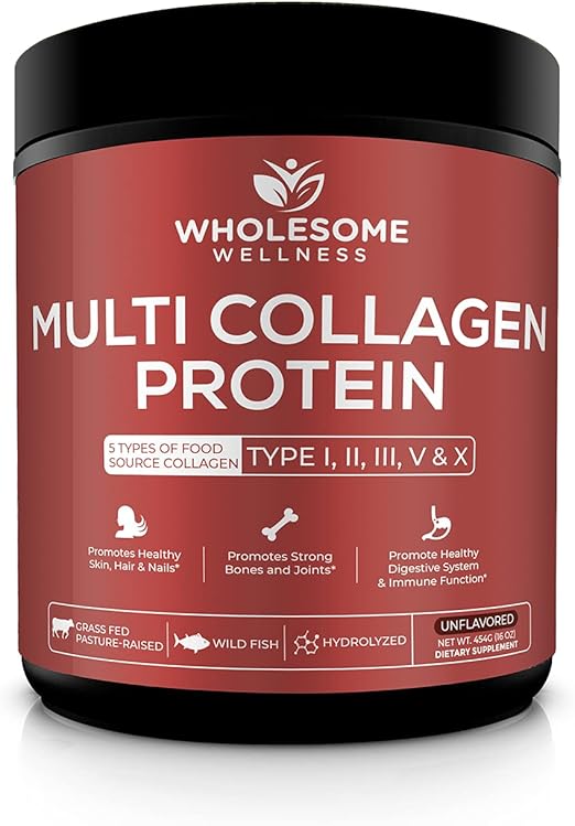 Wholesome Wellness Multi Collagen Protein Powder Hydrolyzed (Type I II III V X) Grass-Fed All-in-One Super Bone Broth + Peptides - Premium Blend of Beef, Chicken, Wild Fish, Eggshell, 58 Servings Retailxpres