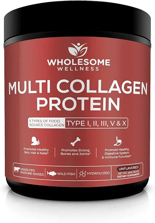 Wholesome Wellness Multi Collagen Protein Powder Hydrolyzed (Type I II III V X) Grass-Fed All-in-One Super Bone Broth + Peptides - Premium Blend of Beef, Chicken, Wild Fish, Eggshell, 58 Servings Retailxpres