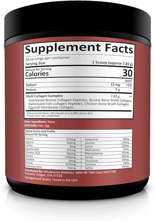 Wholesome Wellness Multi Collagen Protein Powder Hydrolyzed (Type I II III V X) Grass-Fed All-in-One Super Bone Broth + Peptides - Premium Blend of Beef, Chicken, Wild Fish, Eggshell, 58 Servings Retailxpres