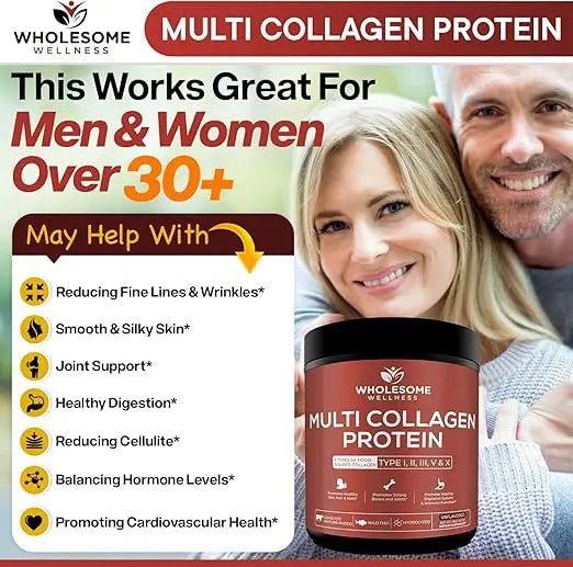 Wholesome Wellness Multi Collagen Protein Powder Hydrolyzed (Type I II III V X) Grass-Fed All-in-One Super Bone Broth + Peptides - Premium Blend of Beef, Chicken, Wild Fish, Eggshell, 58 Servings Retailxpres