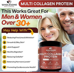 Wholesome Wellness Multi Collagen Protein Powder Hydrolyzed (Type I II III V X) Grass-Fed All-in-One Super Bone Broth + Peptides - Premium Blend of Beef, Chicken, Wild Fish, Eggshell, 58 Servings Retailxpres