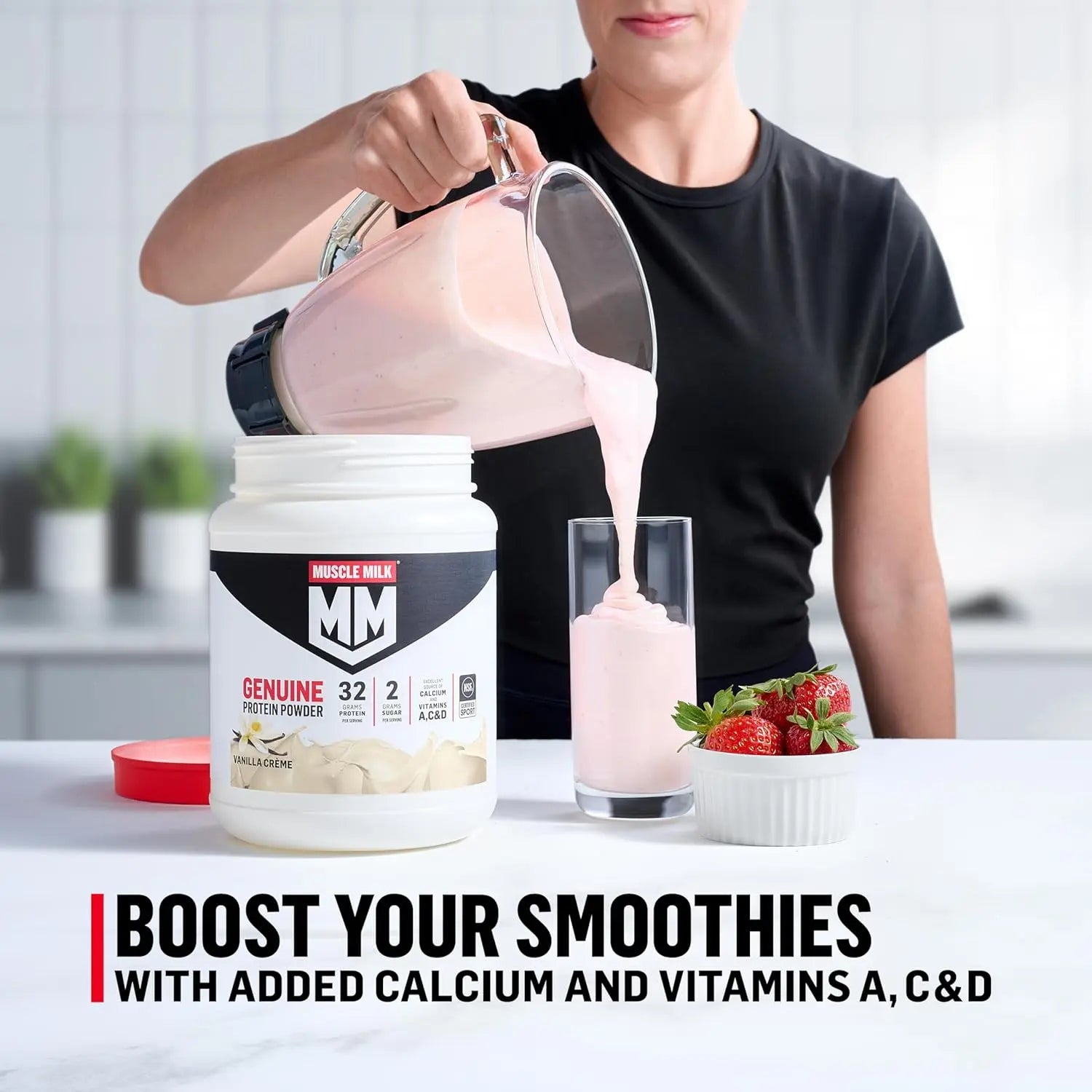 Muscle Milk Genuine Protein Powder, Vanilla Crème, 1.93 Pounds, 12 Servings, 32g Protein, 2g Sugar, Calcium, Vitamins A, C & D, NSF Certified for Sport, Energizing Snack, Packaging May Vary Retailxpres